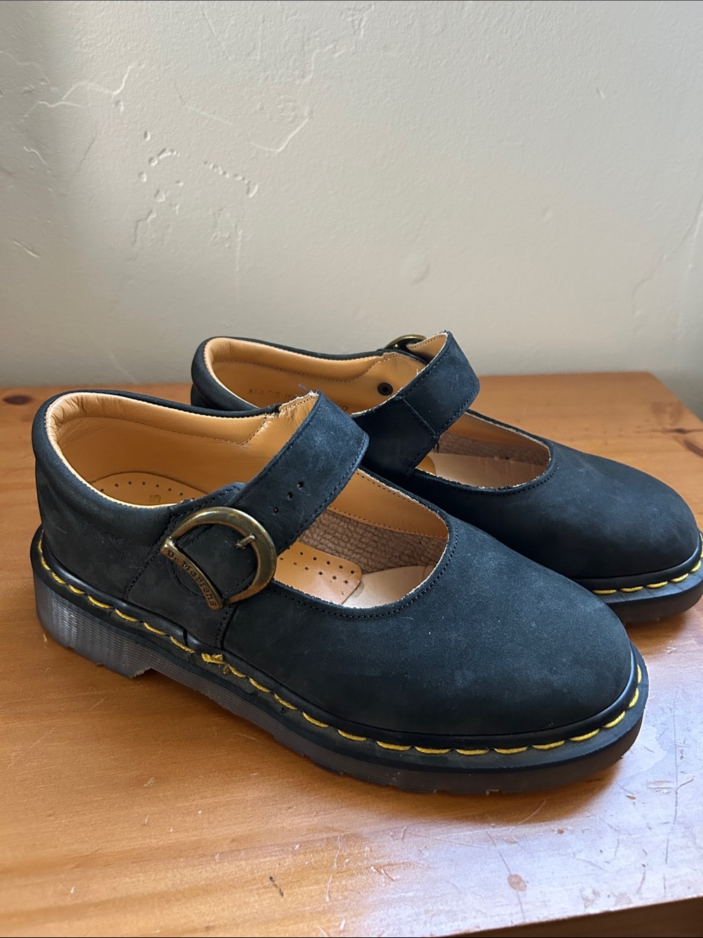 ‘Dr. Martens’ Mary Jane Black Suede Buckle Shoes